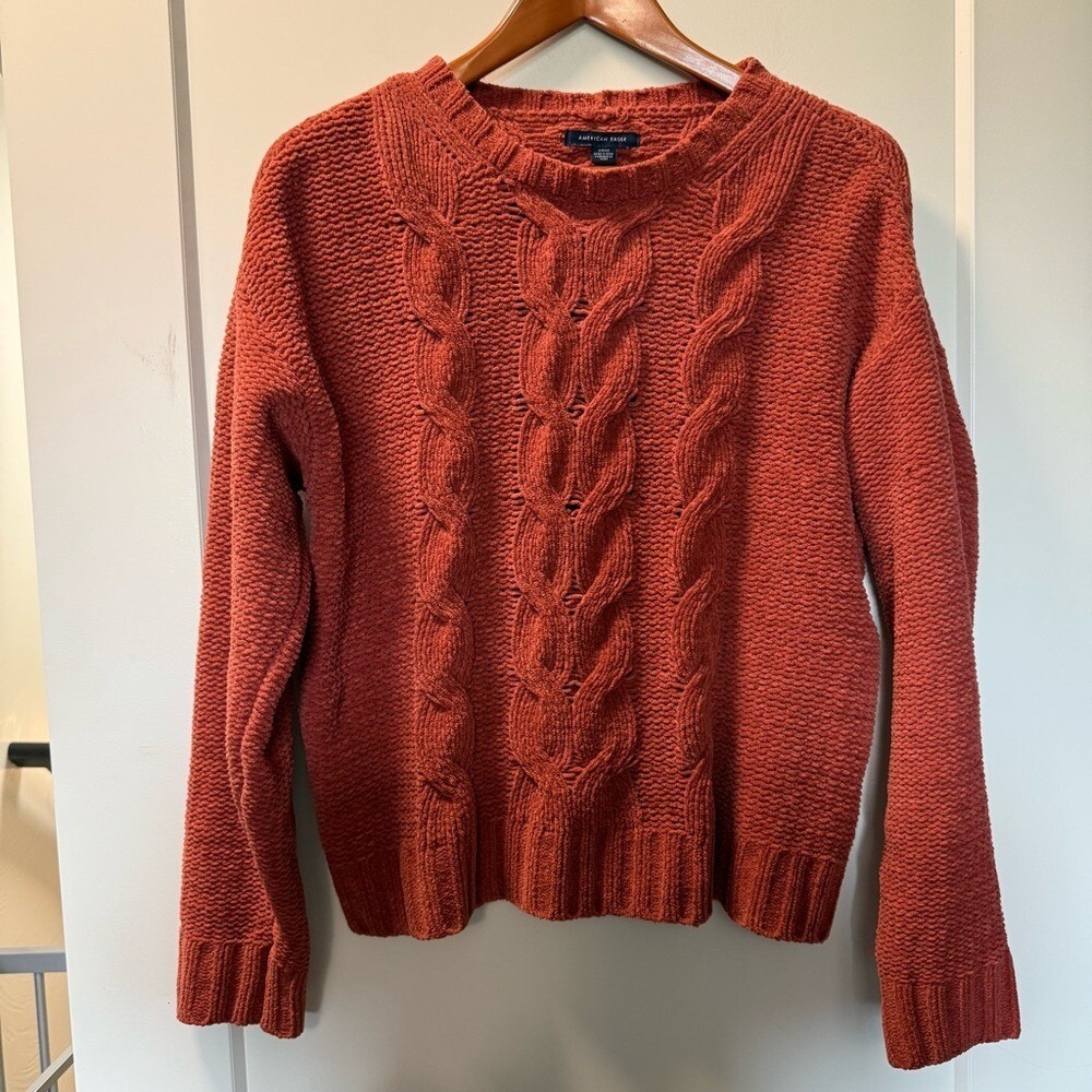 American Eagle Cable Knit Rust‎ Burnt Orange Crochet Crewneck Sweater Fall S